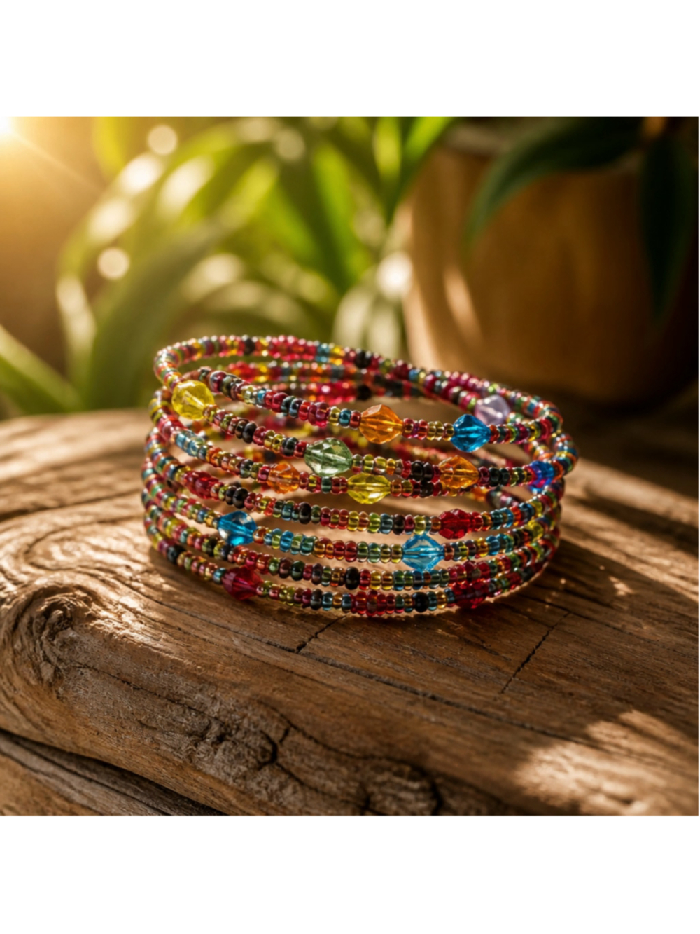 Rare Vintage 90's Multi Color Beaded Slinky Wrap Bracelet One Size Boho Revival